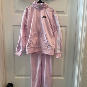 Nike jogging suit 6x pink gray pants jacket fleece lined